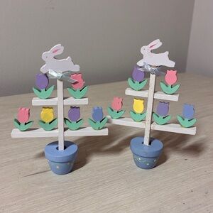 VTG Set of 2 Midwest Importers Easter Bunny Tulip Wooden Shelf Sitter Pastel
